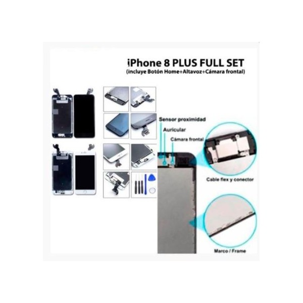 Pantalla iPhone 8 PLUS FULL SET NEGRA con componentes (incluye Botón Home + Altavoz + Cámara frontal)  (LCD + táctil) 